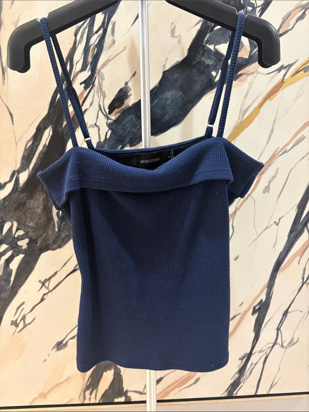 MINKPINK Navy Ribbed Fold-Over Off-Shoulder Cami with Double Straps